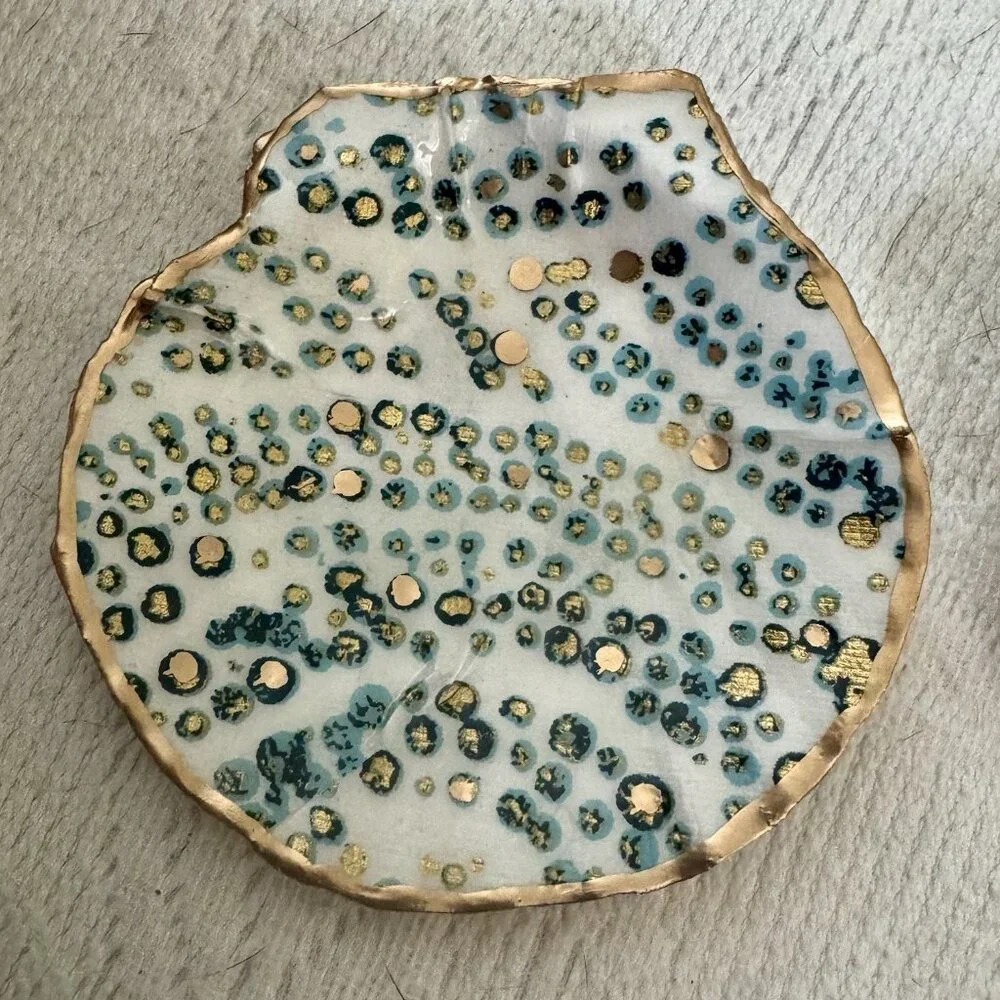Handmade Decoupage Scallop Shell Trinket Dish Blue, Green Gold Dots - Picture 3 of 9